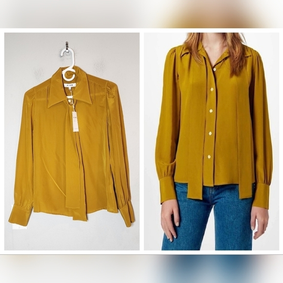 NWT Re/Done Silk 70s Tie blouse in Marigold.Button front.Size small $350.
